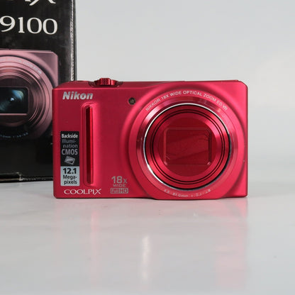 Nikona Coolpix S9100 12.1MP 18x Digital Camera Red, Case, SD Card – Very Good